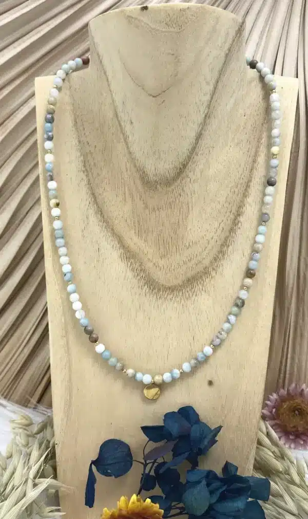 Collier amazonite création 4mm acier doré porter