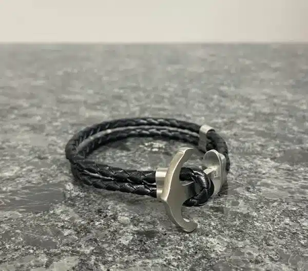 Bracelet en cuir ancre marine noir
